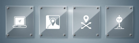 Set Fork in the road, Location, Folded map with location marker and Laptop. Square glass panels....
