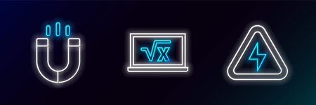 Set line High voltage Magnet and Square root of x glyph icon. Glowing neon. Vector.のイラスト素材