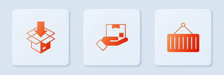 Set Delivery hand with box Carton cardboard and Container crane. White square button. Vector.