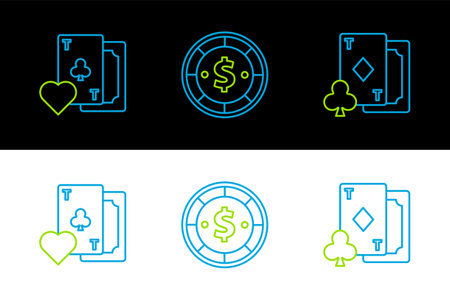 Set line Playing card with diamonds clubs symbol and Casino chip dollar icon. Vector.のイラスト素材