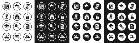 Set House with shield Garage contract Online real estate Realtor dollar and Car sharing icon. Vector.のイラスト素材