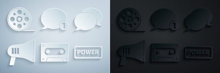 Set Retro audio cassette tape Speech bubble chat Megaphone Power button and Film reel icon. Vector.