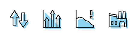 Set line Financial growth decrease, Arrow, Pie chart infographic and Factory icon. Vector.