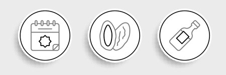 Set line Bottle of water Ramadan calendar and Date fruit icon. Vector.