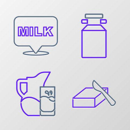 Set line Butter in a butter dish Milk jug or pitcher and glass Can container for milk and Lettering icon. Vector.のイラスト素材