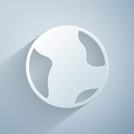 Paper cut Earth globe icon isolated on gray background. World or Earth sign. Global internet symbol. Geometric shapes. Paper art style. Vector.のイラスト素材