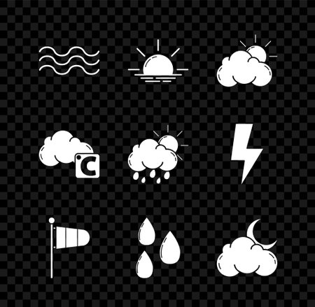 Set Waves Sunrise and cloud weather Cone meteorology windsock wind vane Water drop Cloud with moon stars Celsius and rain sun icon. Vector.のイラスト素材