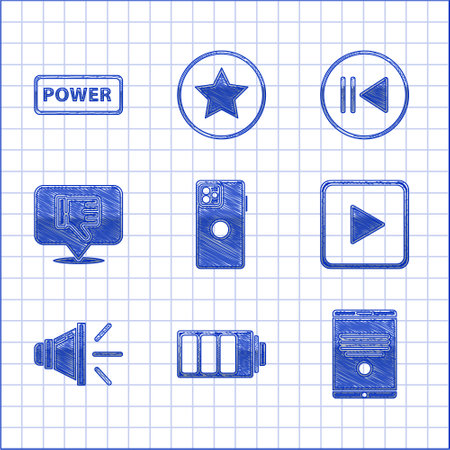 Set Smartphone mobile phone Battery charge level indicator Tablet Play square Speaker volume Dislike speech bubble Rewind and Power button icon. Vector.のイラスト素材