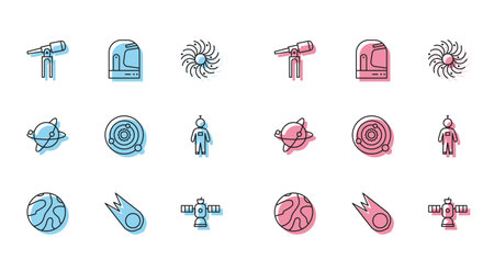 Set line Falling stars Comet falling down fast Telescope Satellite Solar system Astronaut Satellites orbiting the planet Earth and helmet icon. Vector.のイラスト素材