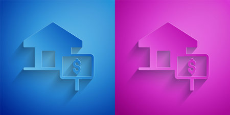 Paper cut House with dollar symbol icon isolated on blue and purple background. Home and money. Real estate concept. Paper art style. Vector.のイラスト素材