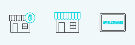 Set line Doormat with the text Welcome House dollar symbol and Shopping building market store icon. Vector.