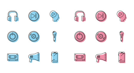 Set line Retro audio cassette tape Megaphone Headphones Smartphone mobile Vinyl disk Microphone Power button and Fast forward icon. Vector.のイラスト素材