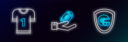 Set line American football helmet and shield jersey and Football on hand icon. Glowing neon. Vector.のイラスト素材