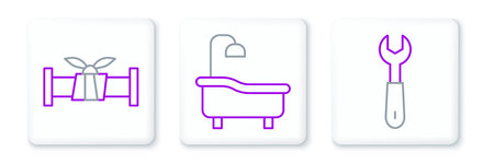 Set line Wrench spanner Industry metallic pipe and Bathtub icon. Vector.のイラスト素材