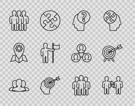 Set line Users group Project team base Human head with question mark Head hunting concept Man holding flag and Target arrow icon. Vector.のイラスト素材