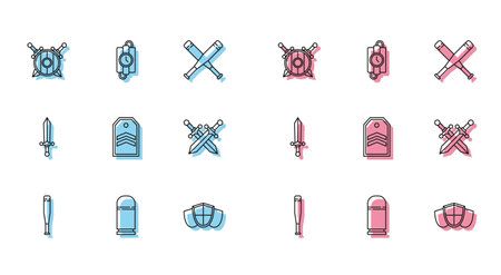 Set line Baseball bat Cartridges Wooden shield with crossed swords Shield Chevron Crossed medieval Medieval and dynamite stick and timer clock icon. Vector.のイラスト素材
