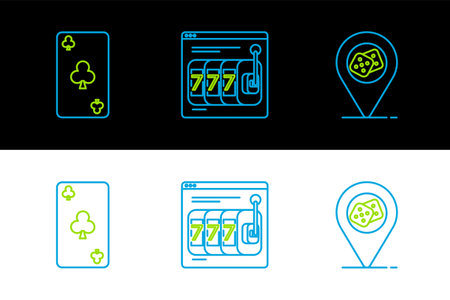 Set line Casino location Playing card with clubs symbol and Online slot machine lucky sevens jackpot icon. Vector.のイラスト素材