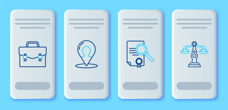 Set line Map marker with a silhouette of a person Document search Briefcase and Scales justice icon. Vector.のイラスト素材