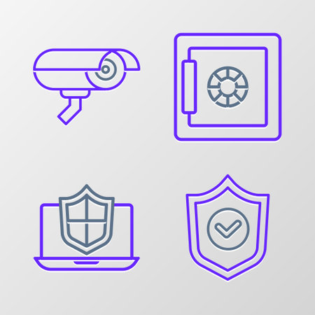 Set line Shield with check mark Laptop protected shield Safe and Security camera icon. Vector.のイラスト素材