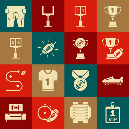 Set VIP badge Soccer or football shoes with spikes Award cup and American Sport mechanical scoreboard result display Football shorts and icon. Vector.のイラスト素材