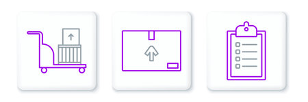 Set line Verification of delivery list clipboard Electric hand truck and boxes and Cardboard with traffic symbol icon. Vector.のイラスト素材