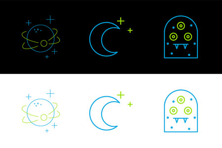 Set line Alien Planet and Moon and stars icon. Vector.のイラスト素材