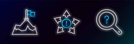 Set line Unknown search Mountains with flag and Many ways directional arrow icon. Glowing neon. Vector.のイラスト素材