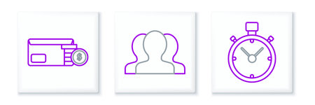 Set line Stopwatch Envelope with coin dollar symbol and Users group icon. Vector.
