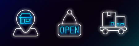 Set line Hand truck and boxes Location Market store and Hanging sign with Open icon. Glowing neon. Vector.のイラスト素材