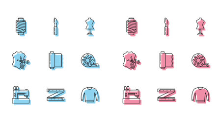Set line Sewing machine Tape measure thread on spool Sweater Textile fabric roll Scissors and leather and Cutter tool icon. Vector.のイラスト素材