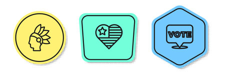 Set line Native American Indian, USA Independence day and Vote. Colored shapes. Vector.のイラスト素材