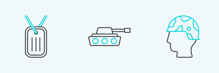 Set line Army soldier Military dog tag and tank icon. Vector.のイラスト素材