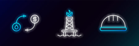 Set line Worker safety helmet Oil exchange and rig with fire icon. Glowing neon. Vector.のイラスト素材