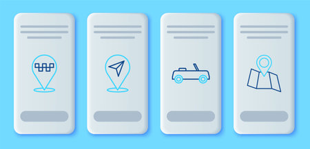 Set line Location Car with taxi and Folded map location icon. Vector.のイラスト素材
