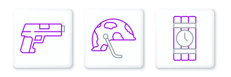 Set line Dynamite and timer clock Pistol or gun and Military helmet icon. Vector.
