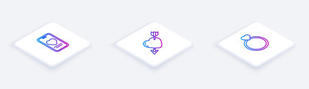 Set Isometric line Online dating app and chat, Amour with heart arrow and Wedding rings. White square button. Vector.のイラスト素材