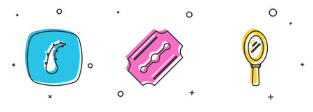 Set Human hair follicle Blade razor and Hand mirror icon. Vector.のイラスト素材