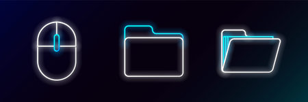 Set line Document folder Computer mouse and icon. Glowing neon. Vector.のイラスト素材