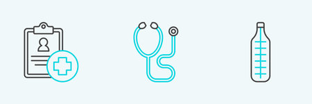 Set line Medical thermometer Patient record and Stethoscope icon. Vector.のイラスト素材