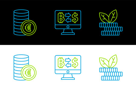 Set line Dollar plant Coin money with euro symbol and Cryptocurrency exchange icon. Vector.のイラスト素材