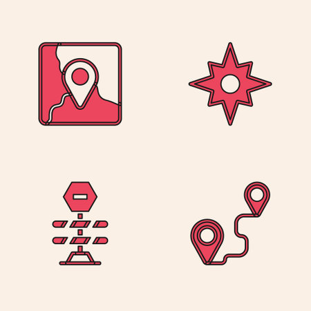 Set Route location, Folded map with marker, Wind rose and Road barrier icon. Vector.のイラスト素材