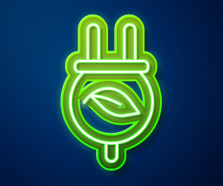 Glowing neon line Electric saving plug in leaf icon isolated on blue background. Save energy electricity. Environmental protection. Bio energy. Vector.のイラスト素材