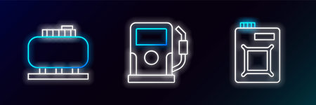 Set line Canister for motor oil Oil tank storage and Petrol gas station icon. Glowing neon. Vector.のイラスト素材