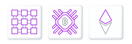 Set line Cryptocurrency coin Ethereum ETH Blockchain technology and CPU mining farm icon. Vector.のイラスト素材