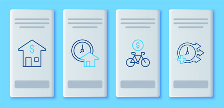 Set line Time is money Bicycle rental mobile app House with dollar and Clock icon. Vector.のイラスト素材
