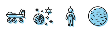 Set line Astronaut, Mars rover, Space and planet and Planet Mars icon. Vector.