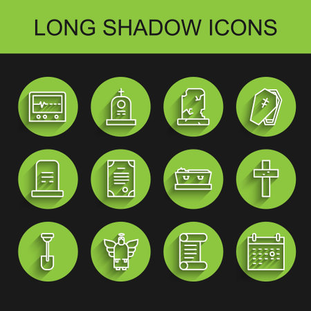 Set line Shovel Christmas angel Beat dead in monitor Decree parchment scroll Calendar death Death certificate Christian cross and Coffin with icon. Vector.のイラスト素材