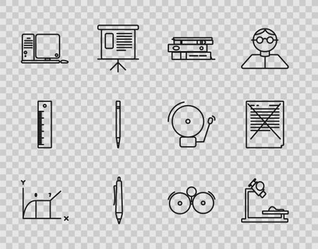 Set line Pie chart infographic Office folders with papers and documents Pen Computer monitor keyboard mouse Pencil eraser Ringing alarm bell and Exam incorrect answers survey icon. Vector.のイラスト素材