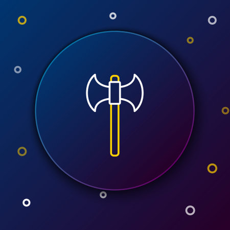 Line Medieval ax icon isolated on blue background. Battle axe, executioner axe. Colorful outline concept. Vector.のイラスト素材