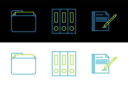 Set line Blank notebook and pen Document folder and Office folders with papers documents icon. Vector.のイラスト素材